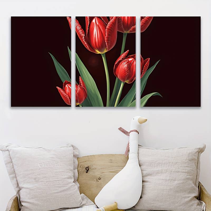 3pcs Red Tulip Artwork Abstract Floral Metal Print Ready to Hang Art