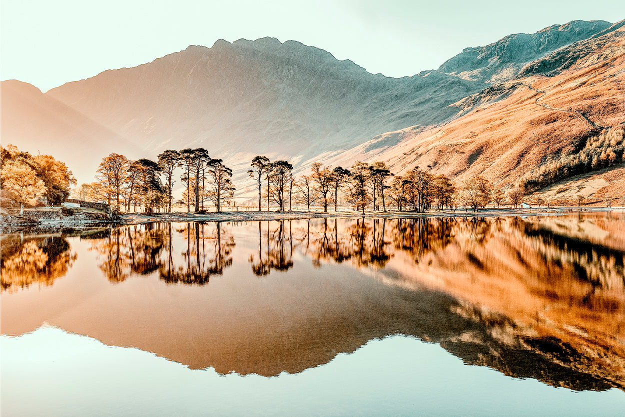 Golden Sunset Autumn Mountain Tree Lake Reflection Wall Art Decor 100% Australian Made