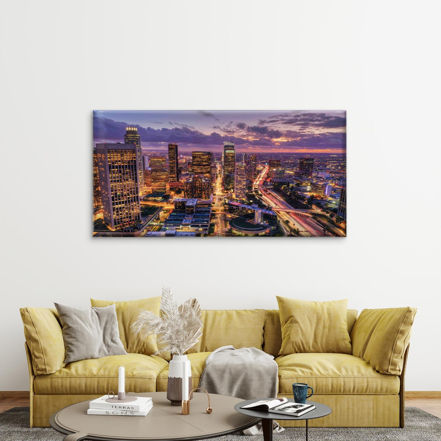 Aerial Shot Downtown Los Angele Wall Art Canvas Office Home Room Framed 120x60cm - Bella Home Decor