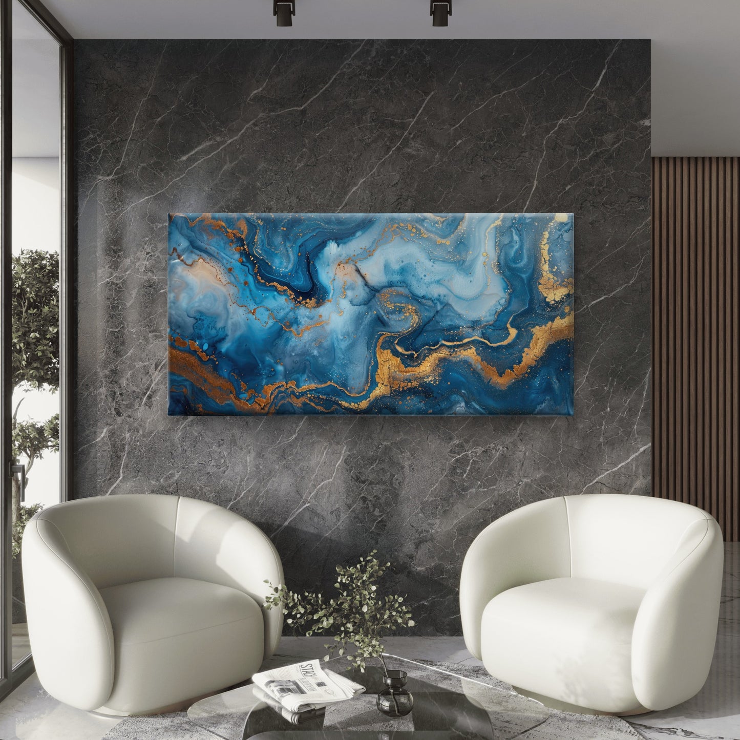Abstract Blue Gold Marble Wall Art Canvas Office Home Room Framed 120x60cm