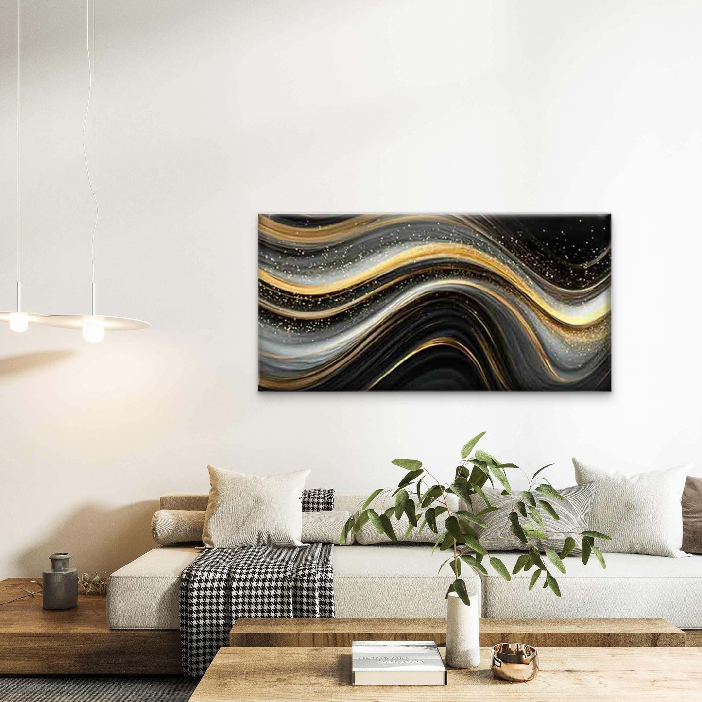 Liquid Flow Black & Golden Wall Art Canvas Office Home Room Framed 120x60cm - Bella Home Decor