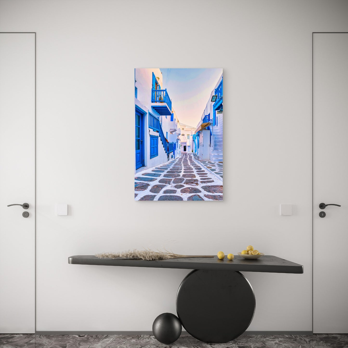 Mykonos Greece Narrow Alley Cobblestone Street 40x60cm Metal Print Ready to Hang