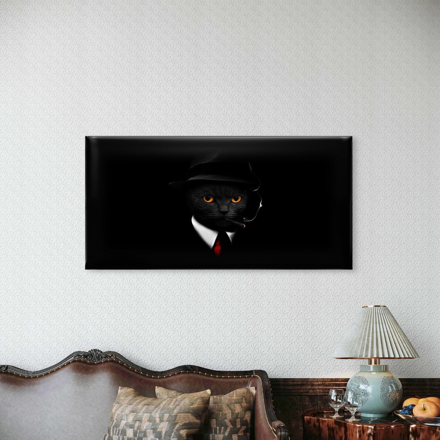Mafia Cat with Orange Eyes Wall Art Canvas Office Home Room Framed 120x60cm