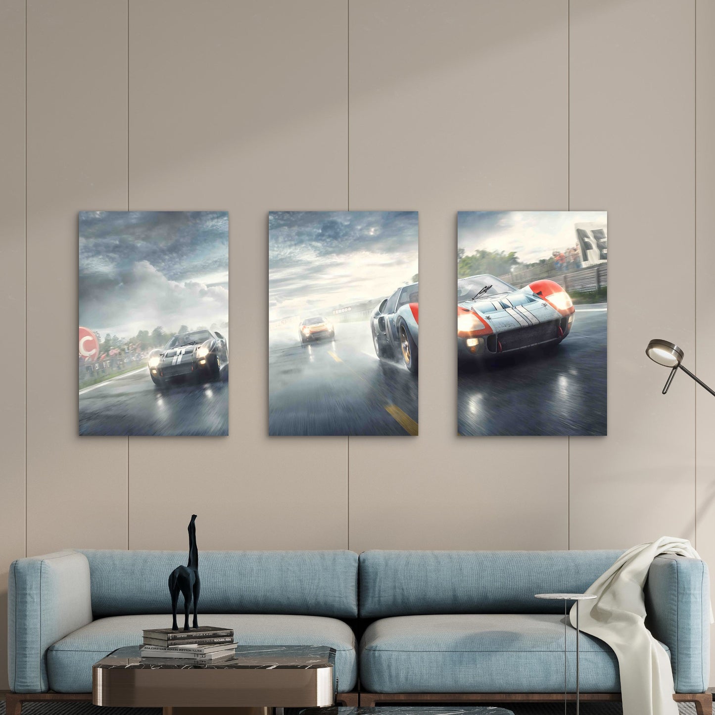 3pcs Vintage 1960s Endurance Racing Car Wet Track Metal Print Ready to Hang Art