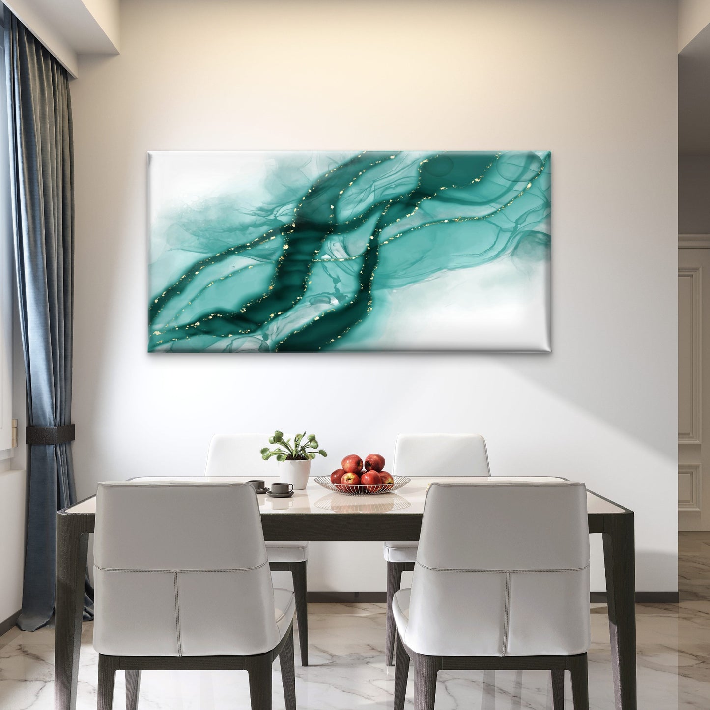 Teal Gold Fluid Waves Wall Art Canvas Office Home Room Framed 120x60cm