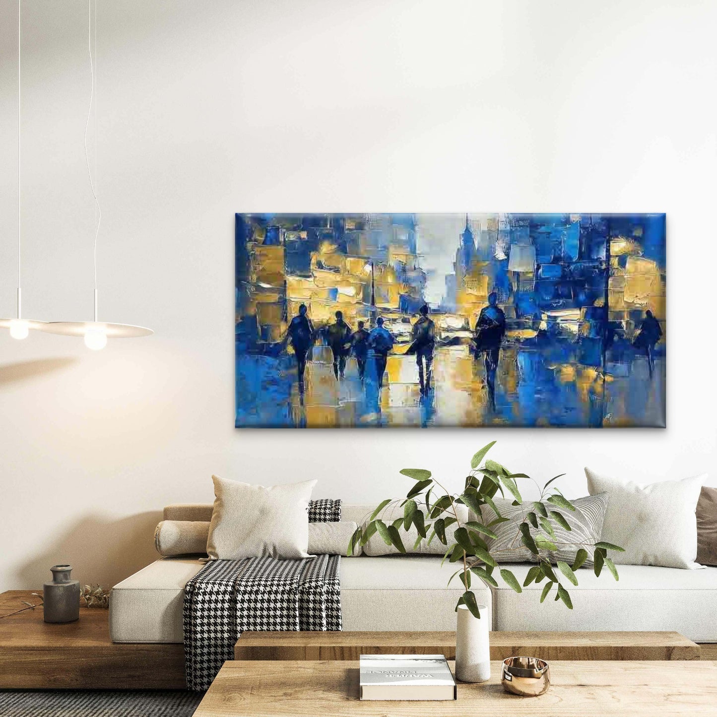 Abstract Blue And Golden City Wall Art Canvas Office Home Room Framed 120x60cm