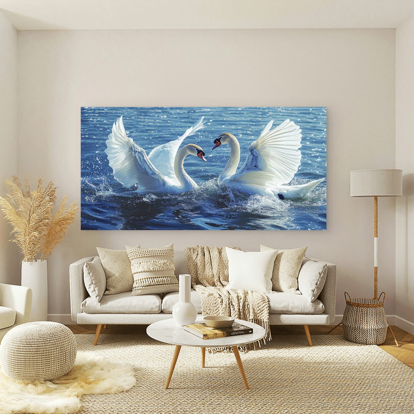 Swans in Love on Water Wall Art Canvas Office Home Room Framed 120x60cm - Bella Home Decor