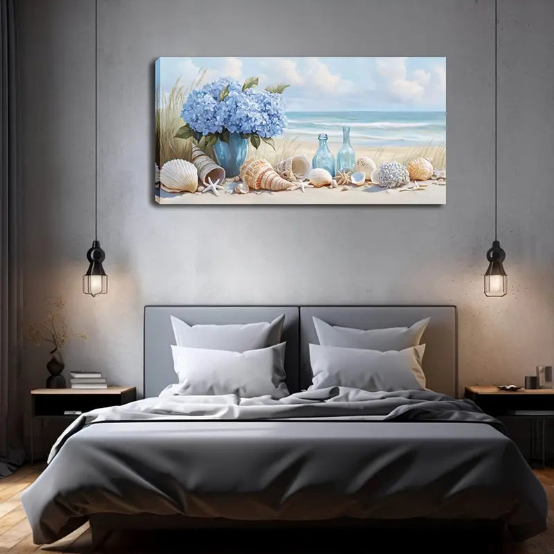 Beach With Blue Hydrangea Shells Wall Art Canvas Office Home Room Framed 120x60cm - Bella Home Decor