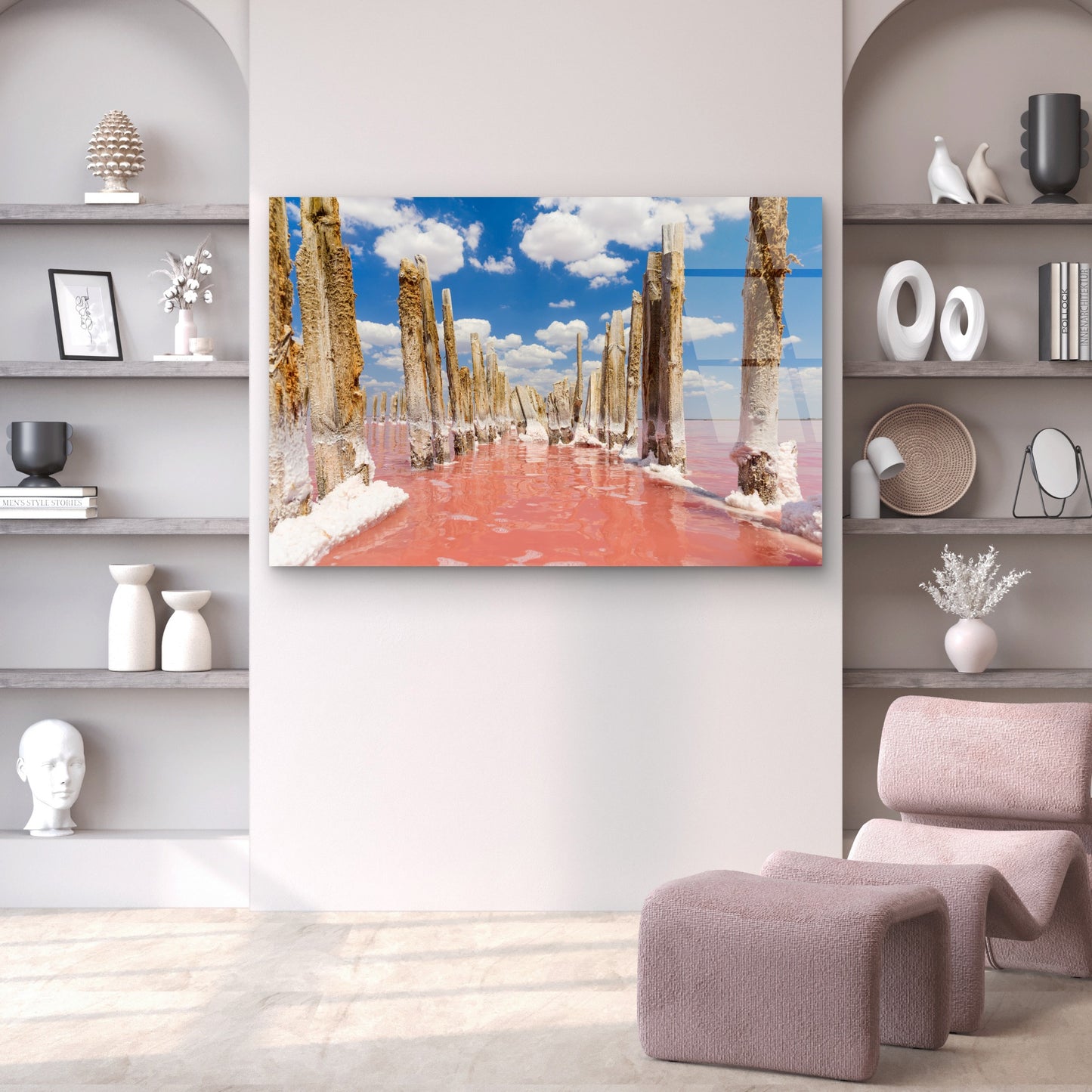 Pink Salt Lake Wooden Posts Blue Sky White Clouds Landscape Acrylic Glass Printing Wall Art Australian Made Quality