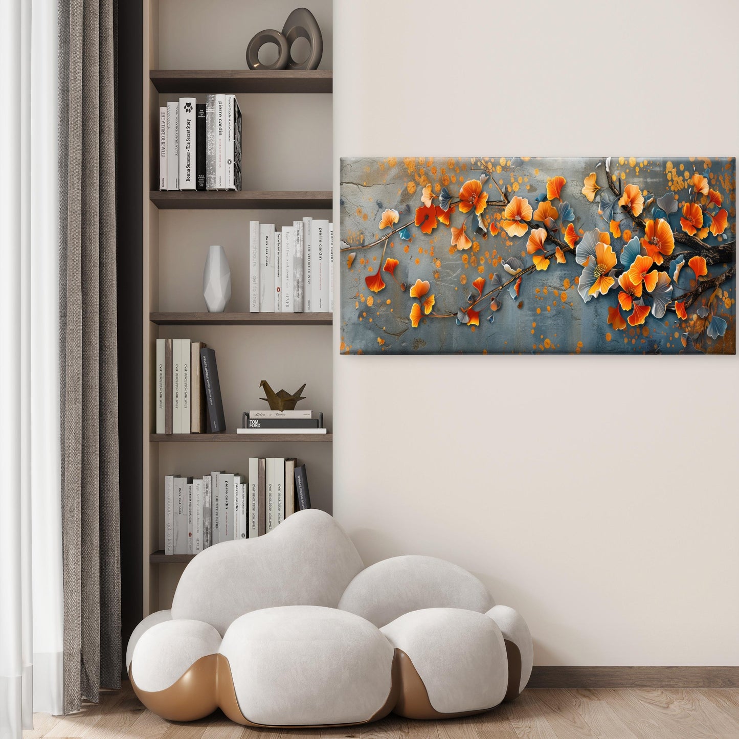 Orange Ginkgo Blossom Branch Wall Art Canvas Office Home Room Framed 120x60cm