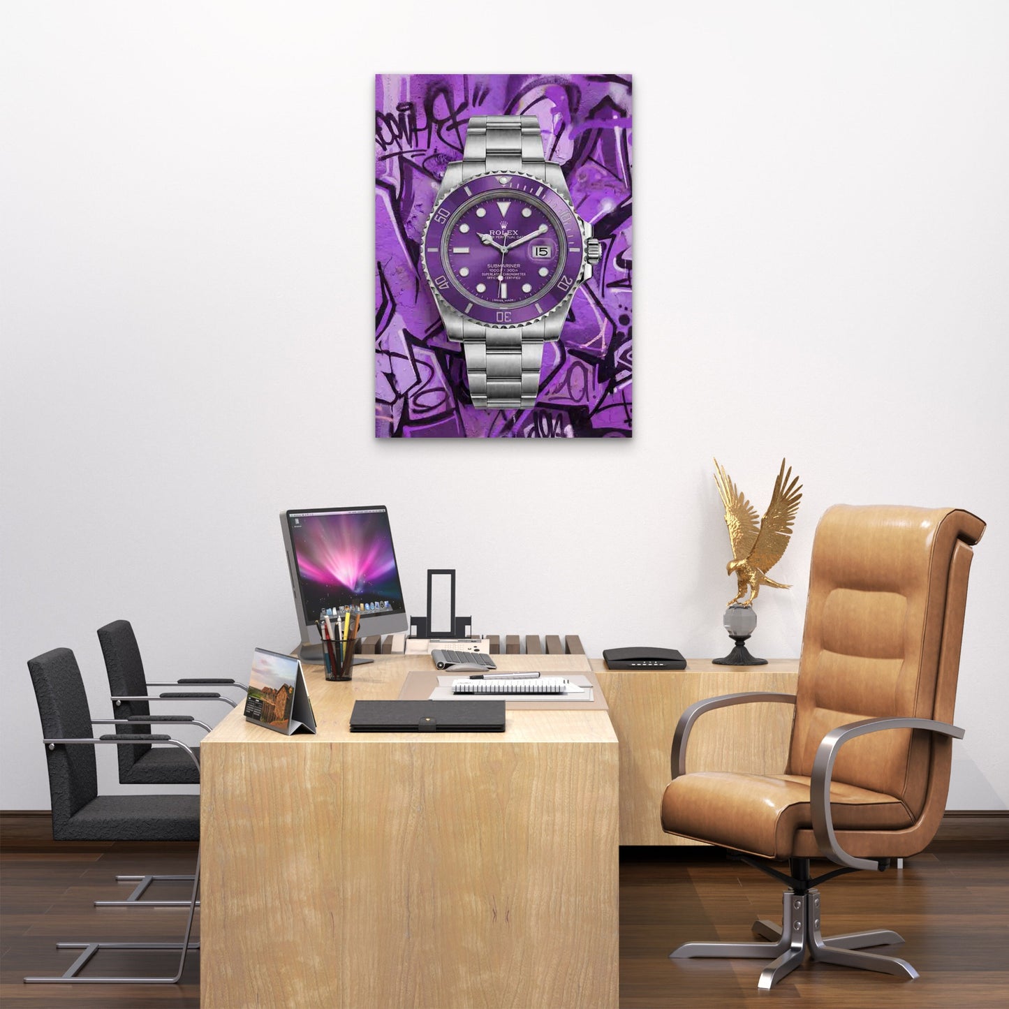 Purple Luxury Watch Graffiti 40x60cm Metal Print Ready to Hang