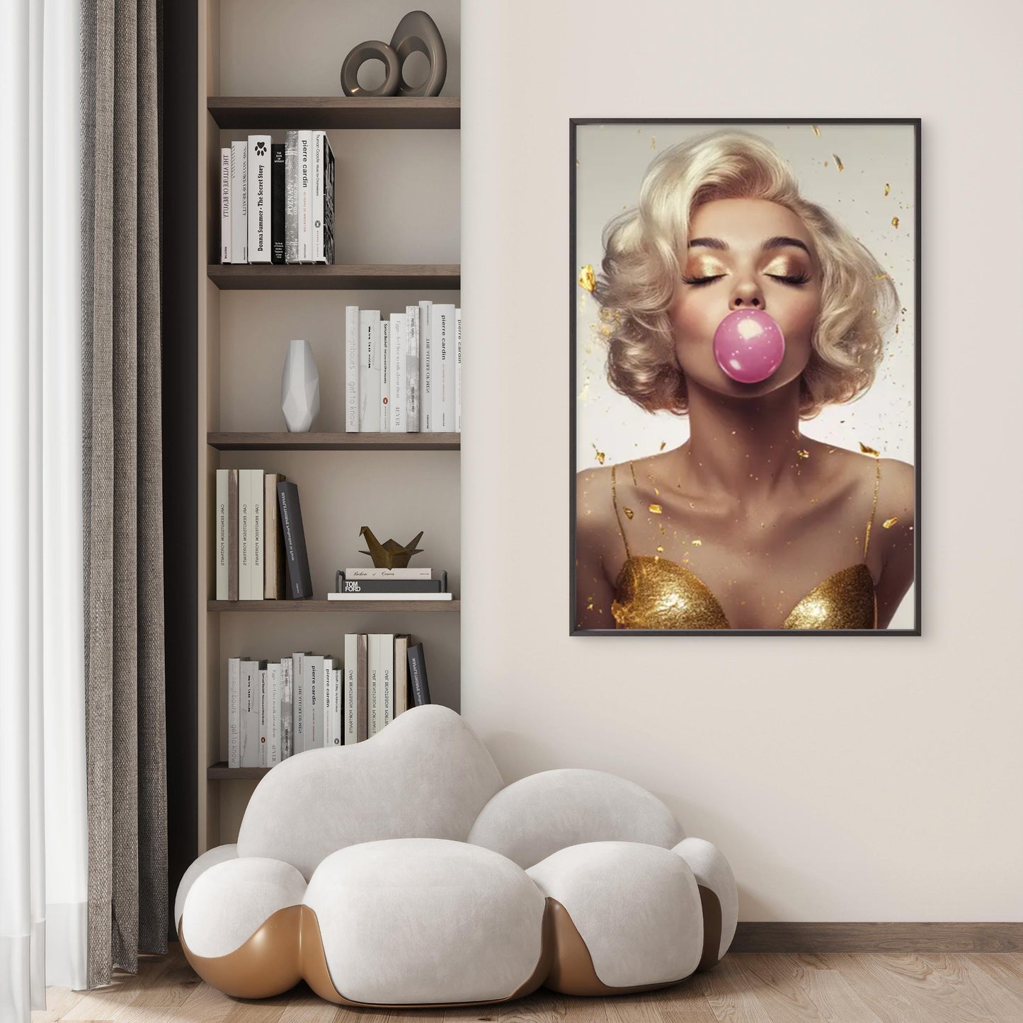 Trendy Woman Blowing Pink Bubble Gum Golden Accents Painting Fashion Home Decor Premium Quality Poster Print Choose Your Sizes