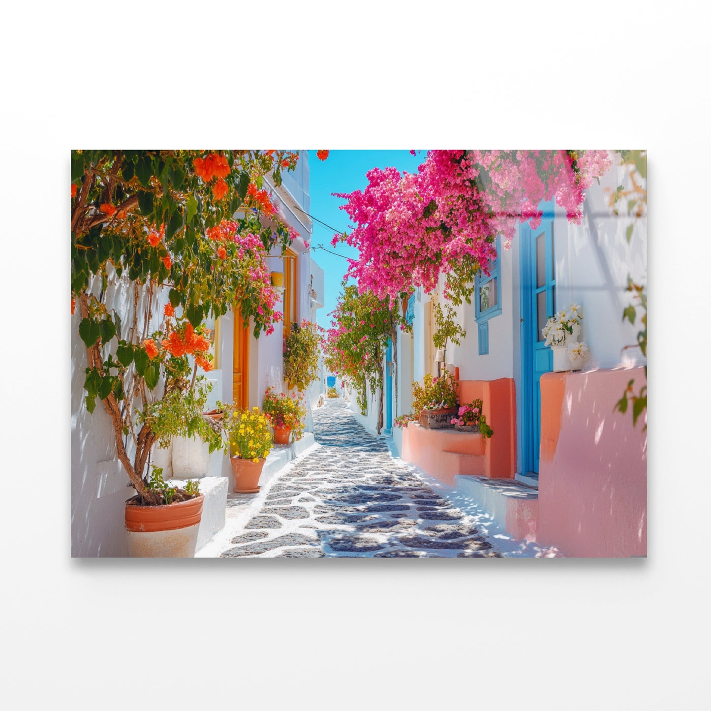 Beautiful Street with Flowers in Greece Acrylic Glass Print Tempered Glass Wall Art 100% Made in Australia Ready to Hang - Bella Home Decor