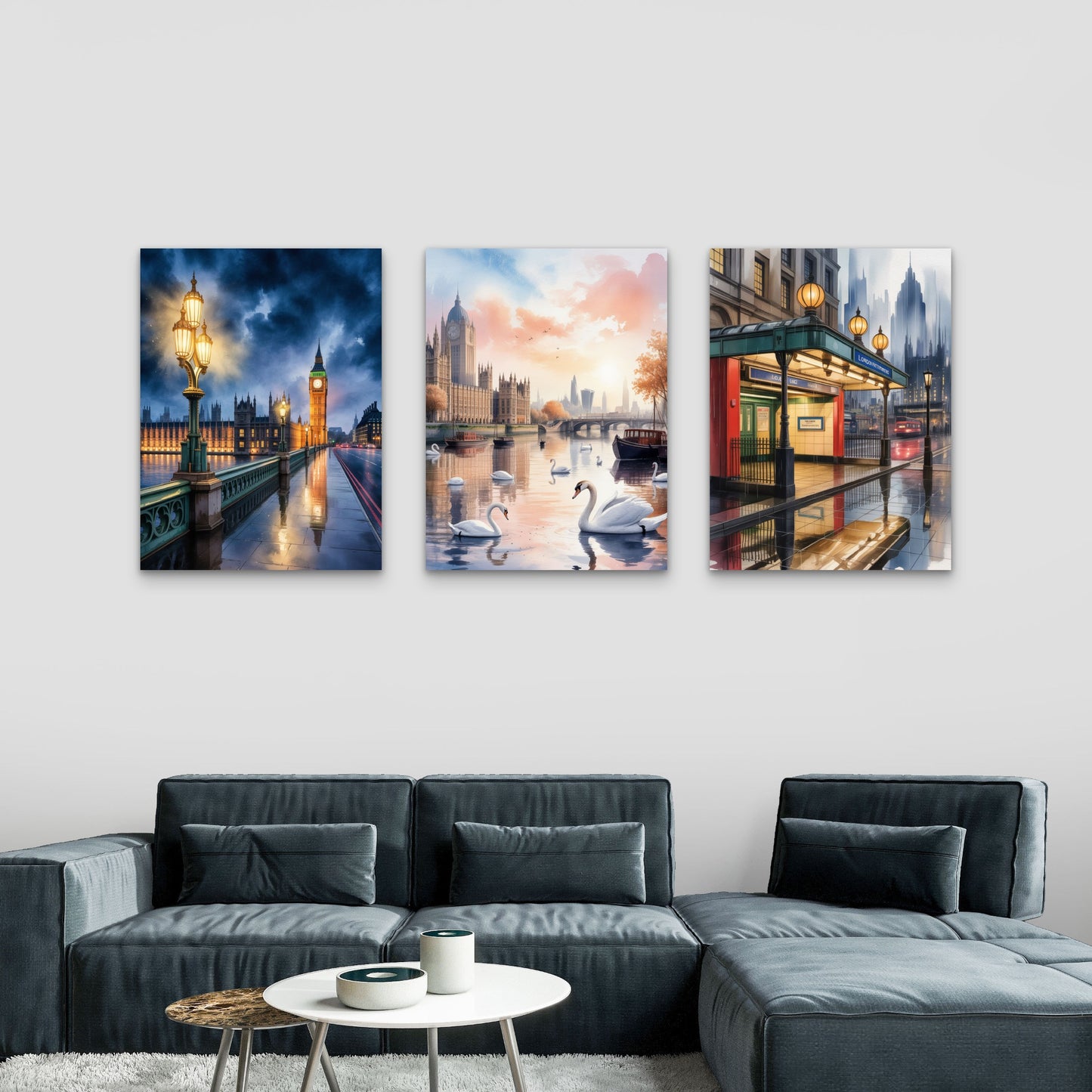 3pcs Rainy London Big Ben Swans Cityscape Painting Wall Art Set Canvas Framed 40x60cm - High Quality Print 100% Australian Made Wall Canvas Ready to Hang