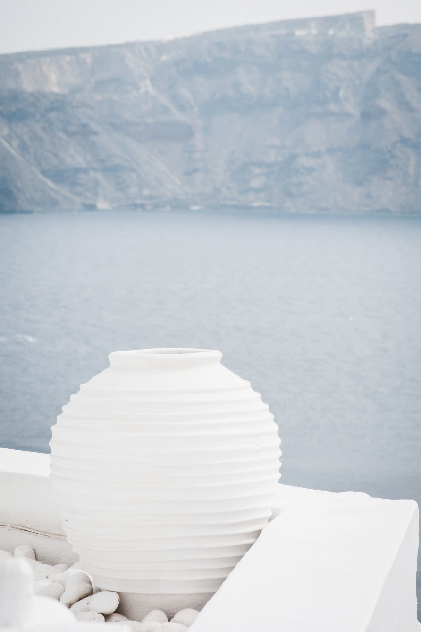 White Pot near Sea Photograph Glass Framed Wall Art, Ready to Hang Quality Print
