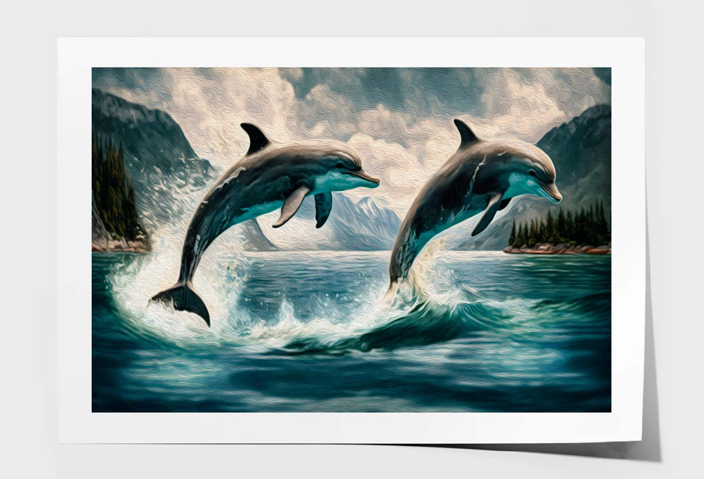Couple Jumping Dolphins, Blue Sea and Sky Wall Art Limited Edition High Quality Print Unframed Roll Canvas None