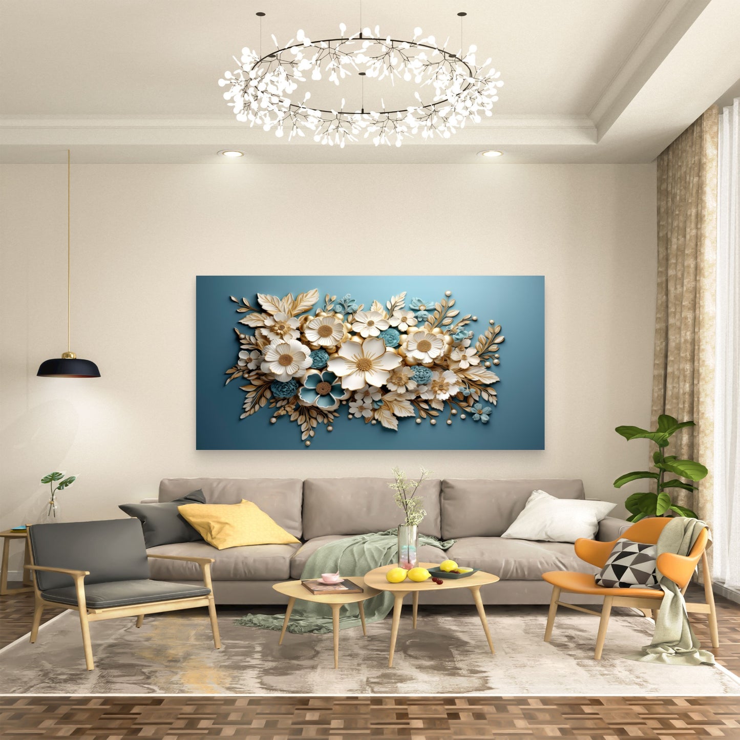 Gilded Azure Floral Harmony Wall Art Canvas Office Home Room Framed 120x60cm - Bella Home Decor