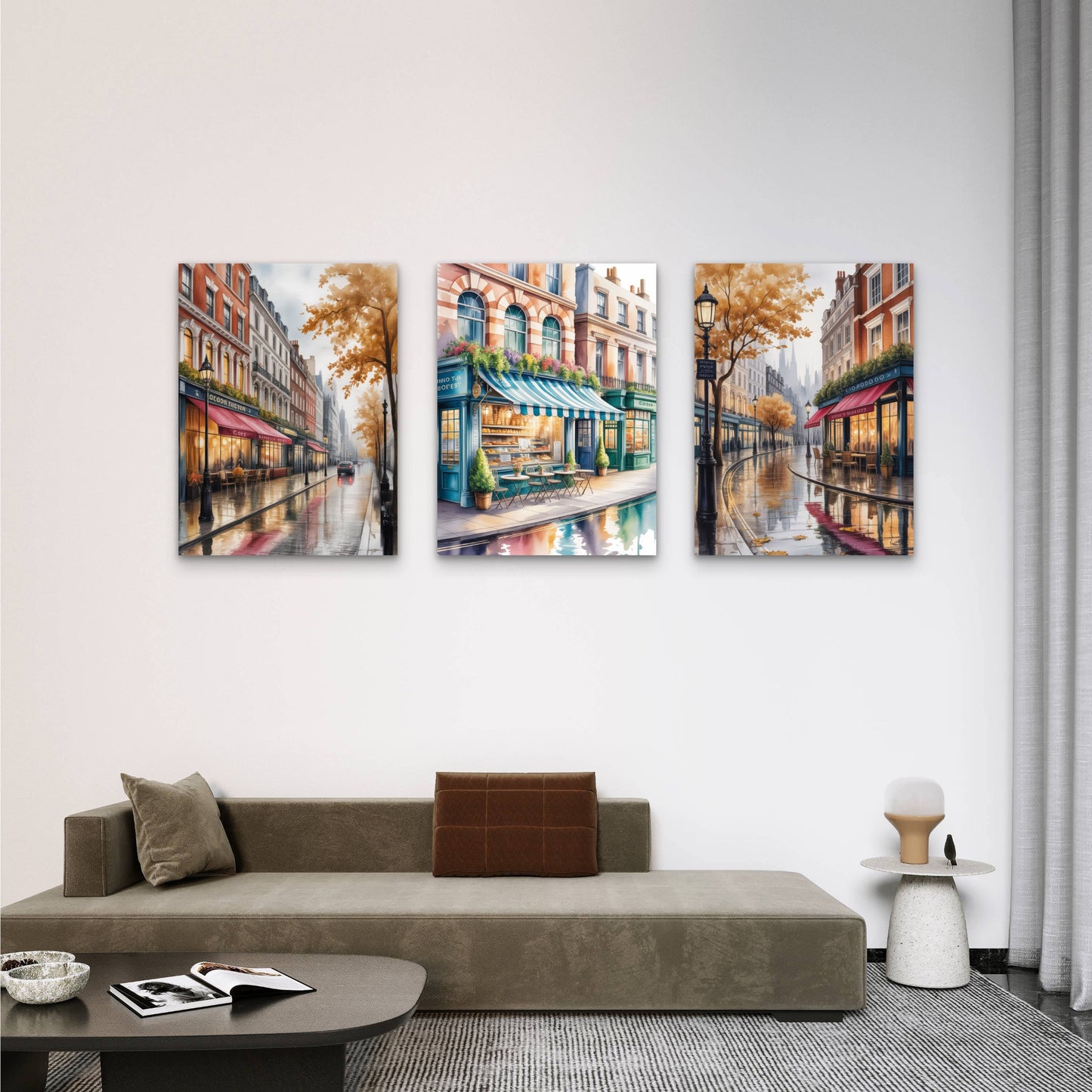 3pcs Paris Cafe Street Autumn Bakery Scene Painting Wall Art Set Canvas Framed 40x60cm - High Quality Print 100% Australian Made Wall Canvas Ready to Hang