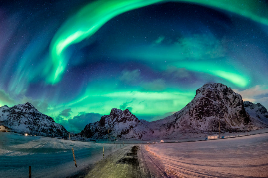 Northern Lights Explosion on Snowy Mountain Range Acrylic Glass Print Tempered Glass Wall Art 100% Made in Australia Ready to Hang - Bella Home Decor