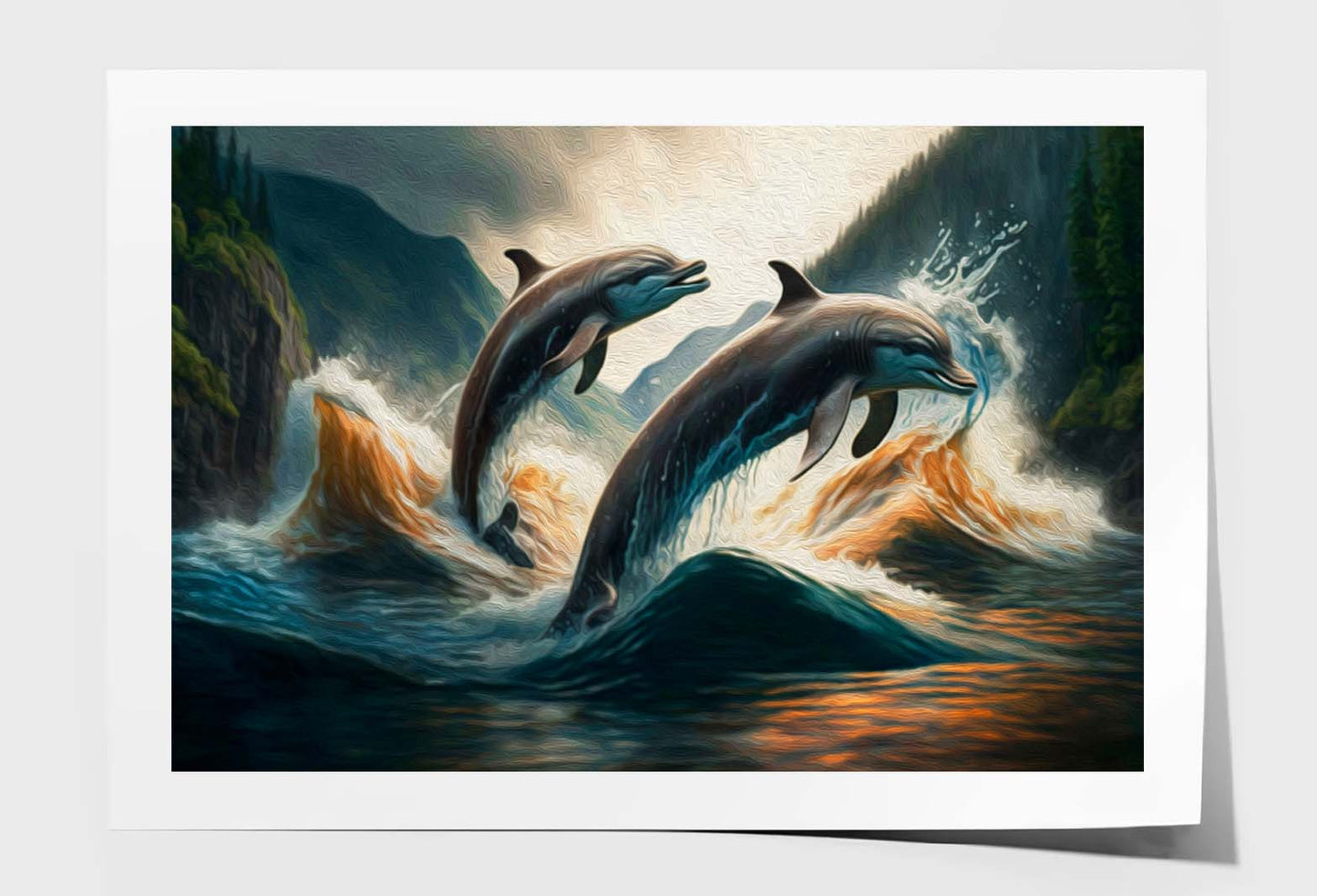 Couple Jumping Dolphins, Blue Sea and Sky Wall Art Limited Edition High Quality Print Unframed Roll Canvas None