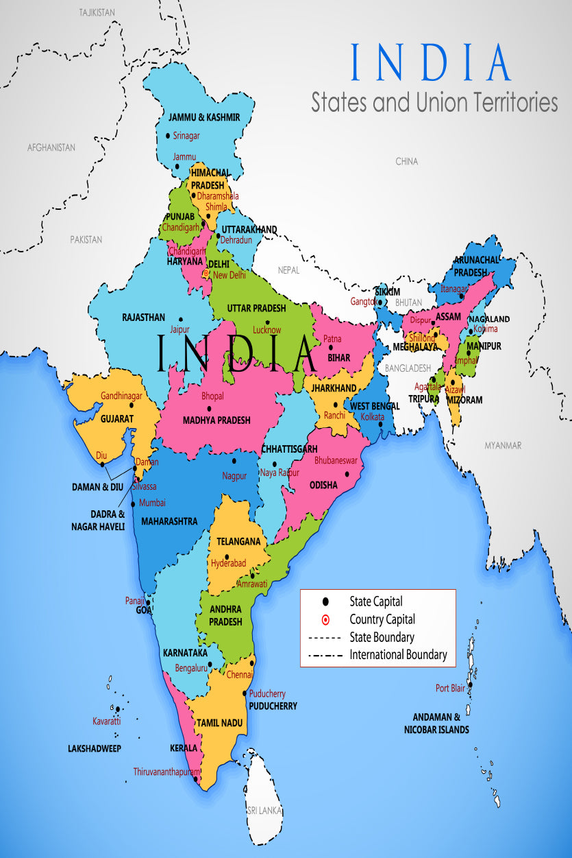 Illustration of Detailed Map of India Home Decor Premium Quality Poster Print Choose Your Sizes - Bella Home Decor