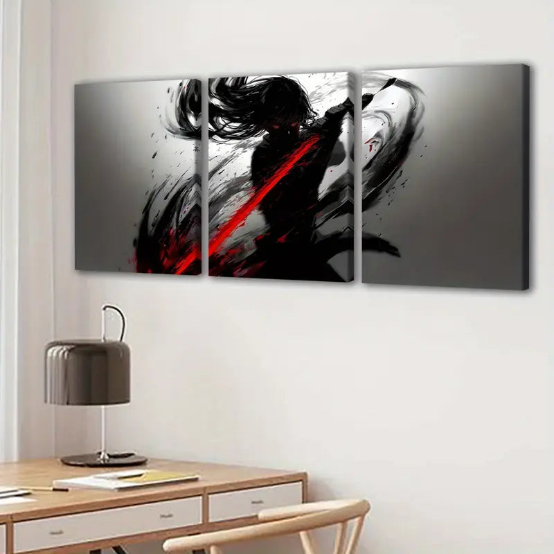 3pcs Abstract Ink Wash Swordsman Poster Wall Art Set Canvas Framed 50x70cm - High Quality Print 100% Australian Made Wall Canvas Ready to Hang - Bella Home Decor