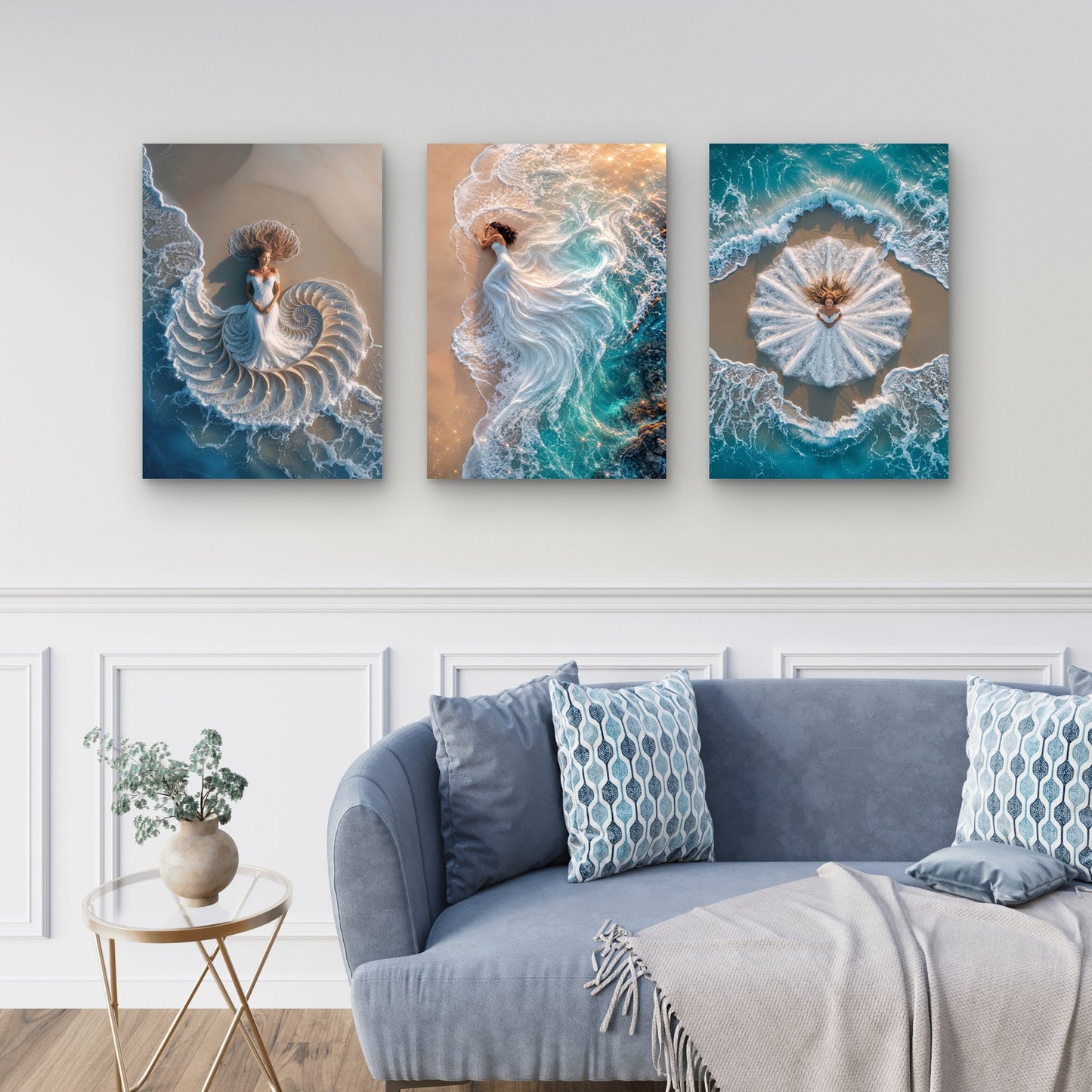 3pcs Ethereal Bridal Gown Ocean Waves Beach Aerial Photography Wall Art Set Canvas Framed 40x60cm - High Quality Print 100% Australian Made Wall Canvas Ready to Hang