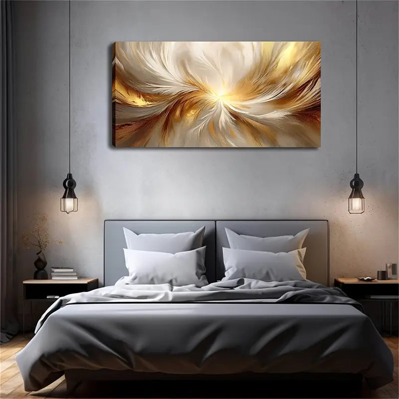 White & Golden Feather Wall Art Canvas Office Home Room Framed 120x60cm - Bella Home Decor