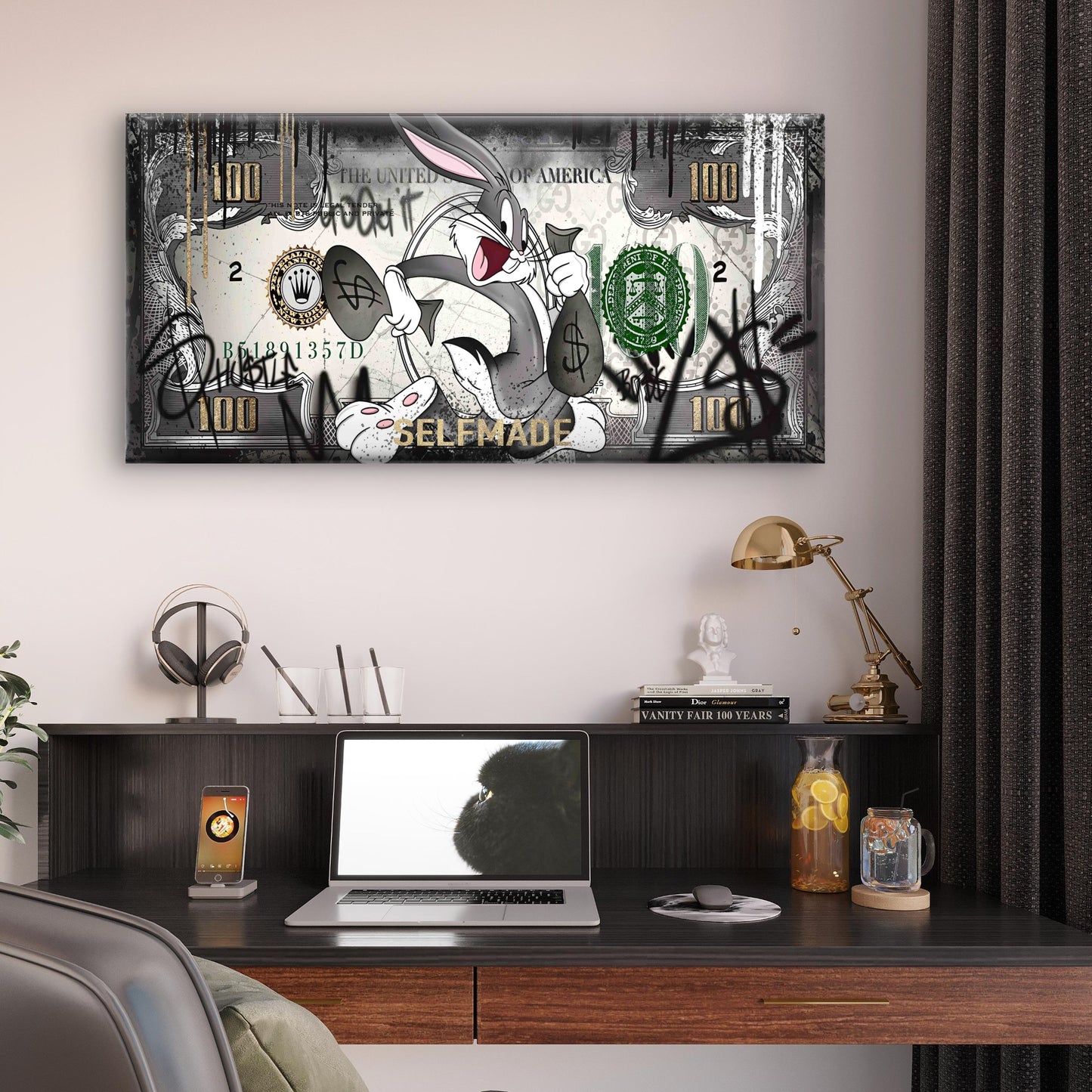 Running Rabbit Money Print Wall Art Canvas Office Home Room Framed 120x60cm - Bella Home Decor