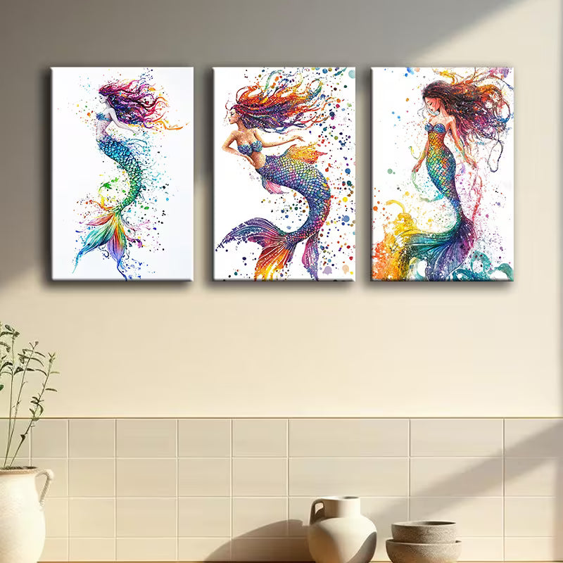3pcs Vibrant Mermaid Watercolor Wall Art Set Canvas Framed 40x60cm - High Quality Print 100% Australian Made Wall Canvas Ready to Hang