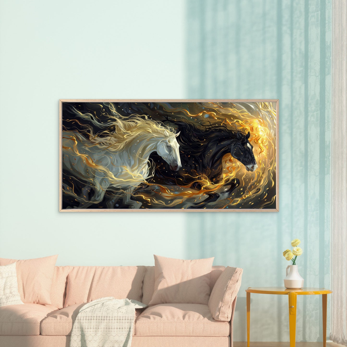 Black White Fire Horses Wall Art Canvas Office Home Room Framed 120x60cm