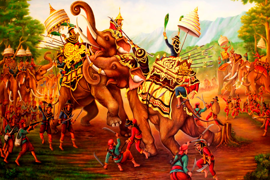 Military War Elephants Painting on Wall in The Temple. At Thailand Acrylic Glass Print Tempered Glass Wall Art 100% Made in Australia Ready to Hang - Bella Home Decor