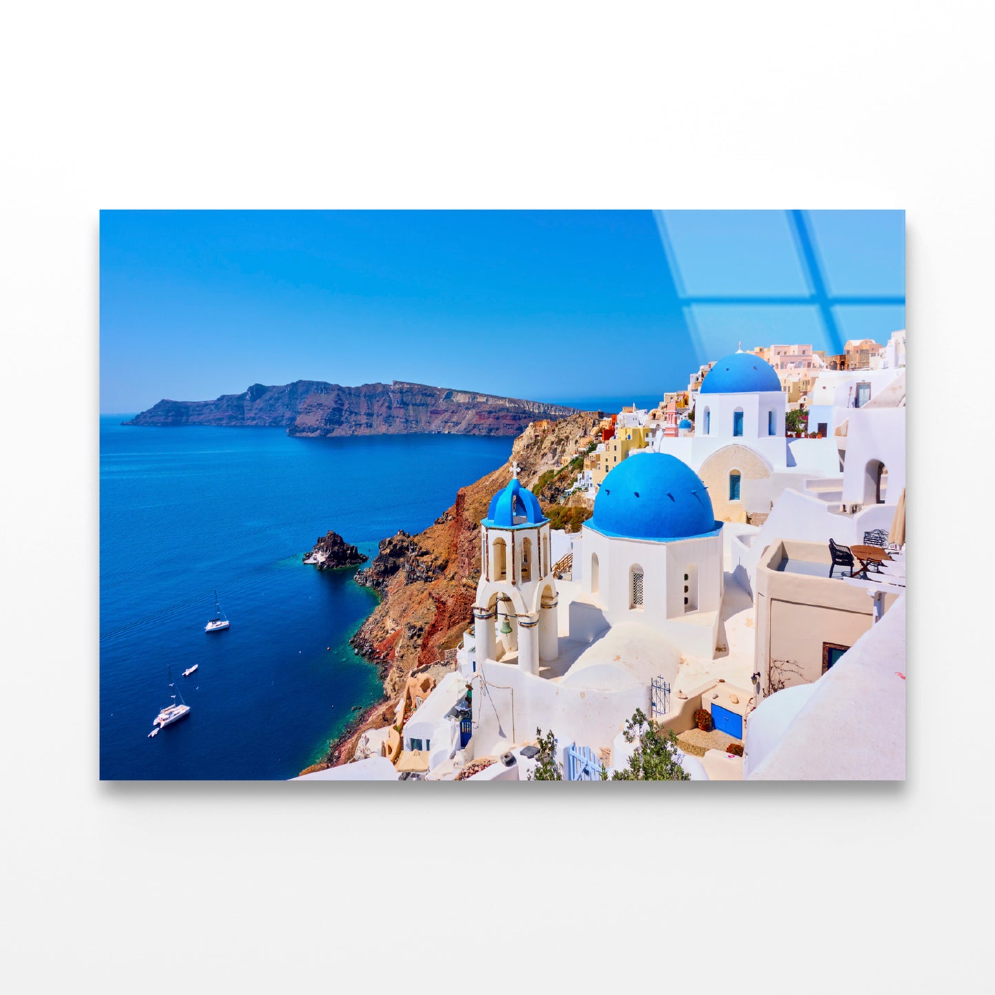 Yacht In the Coast of Santorini Acrylic Glass Print Tempered Glass Wall Art 100% Made in Australia Ready to Hang - Bella Home Decor