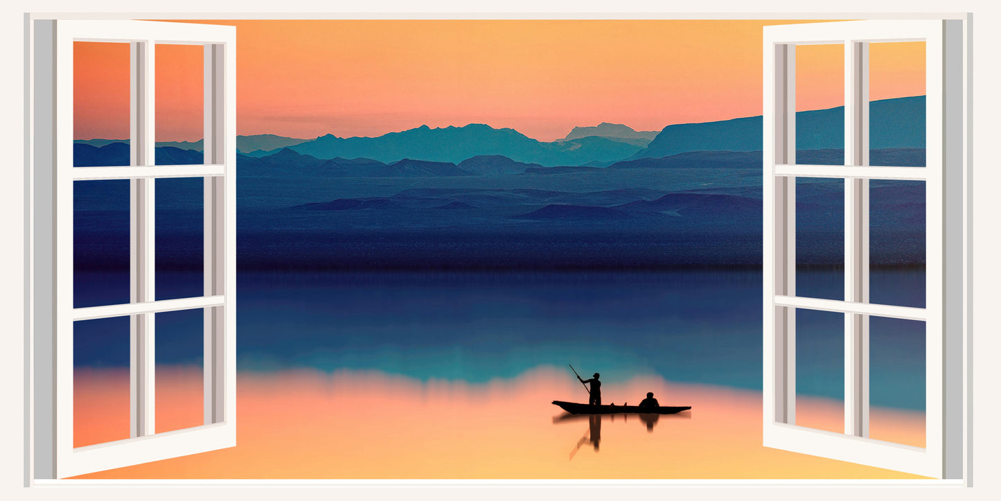 Sunset Lake Boat Silhouette Wall Art Canvas Office Home Room Framed 120x60cm - Bella Home Decor