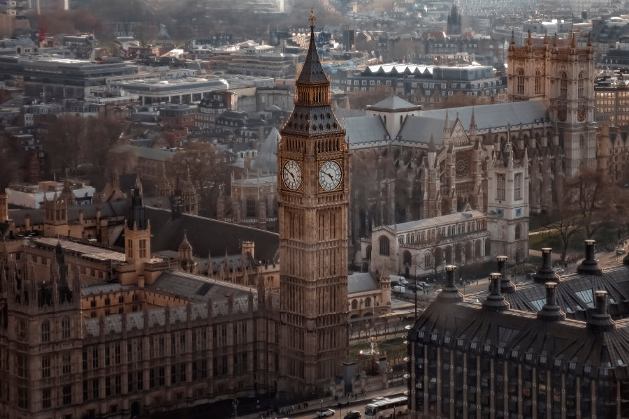 Aerial View Of Big Ben and London Cityscape, View from Above, Dramatic Sky Acrylic Glass Print Tempered Glass Wall Art 100% Made in Australia Ready to Hang - Bella Home Decor