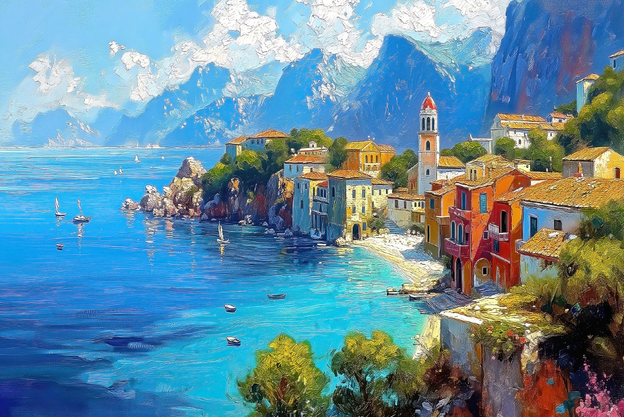 Seaside Town with Mountains & Houses Home Decor Premium Quality Poster Print Choose Your Sizes - Bella Home Decor