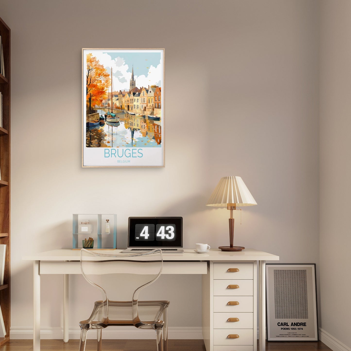 Bruges Belgium, Canal, Boats and Houses Travel Poster Print Wall Art - Bella Home Decor