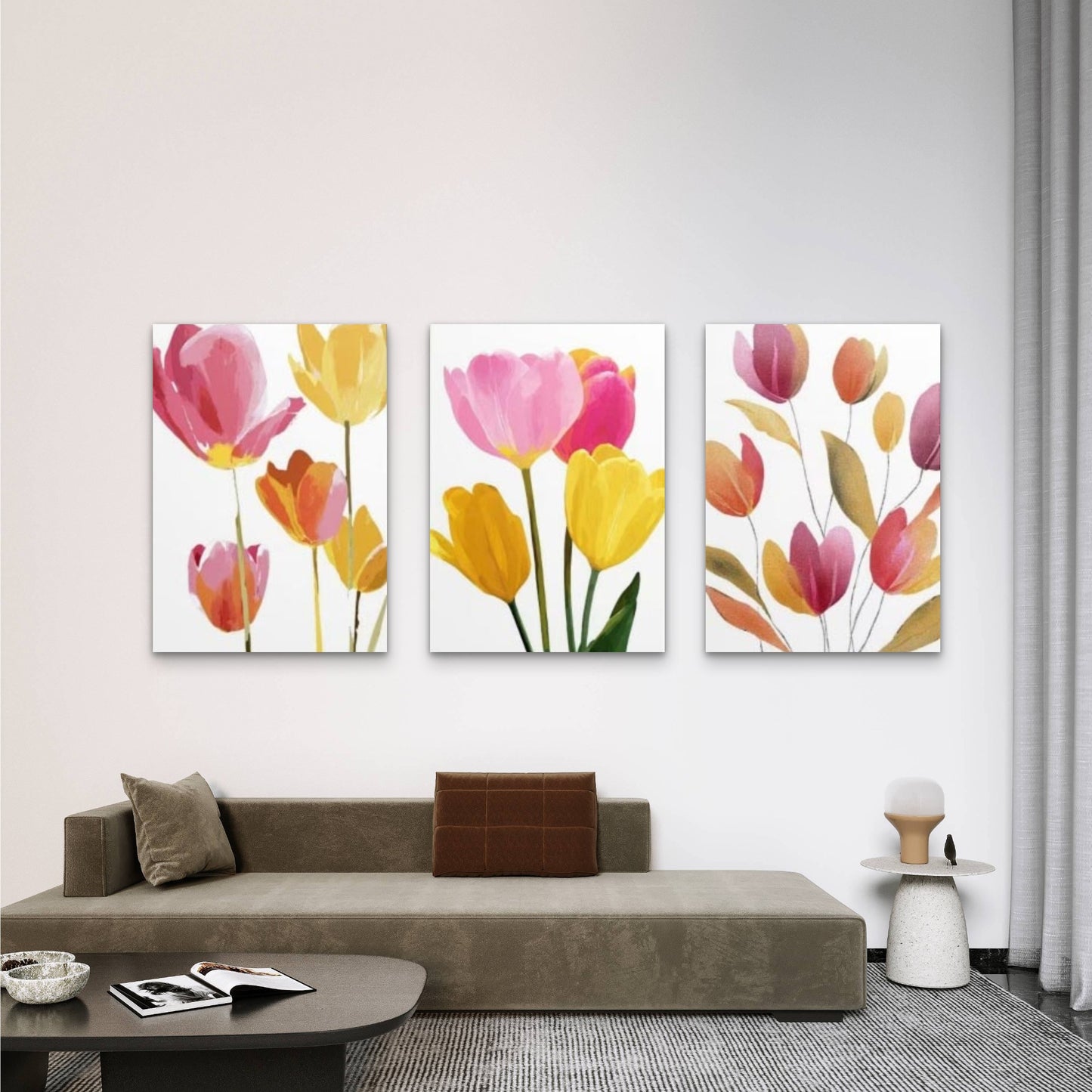 3pcs Pink Yellow Watercolour Tulips Floral Wall Art Set Canvas Framed 60x90cm - High Quality Print 100% Australian Made Wall Canvas Ready to Hang