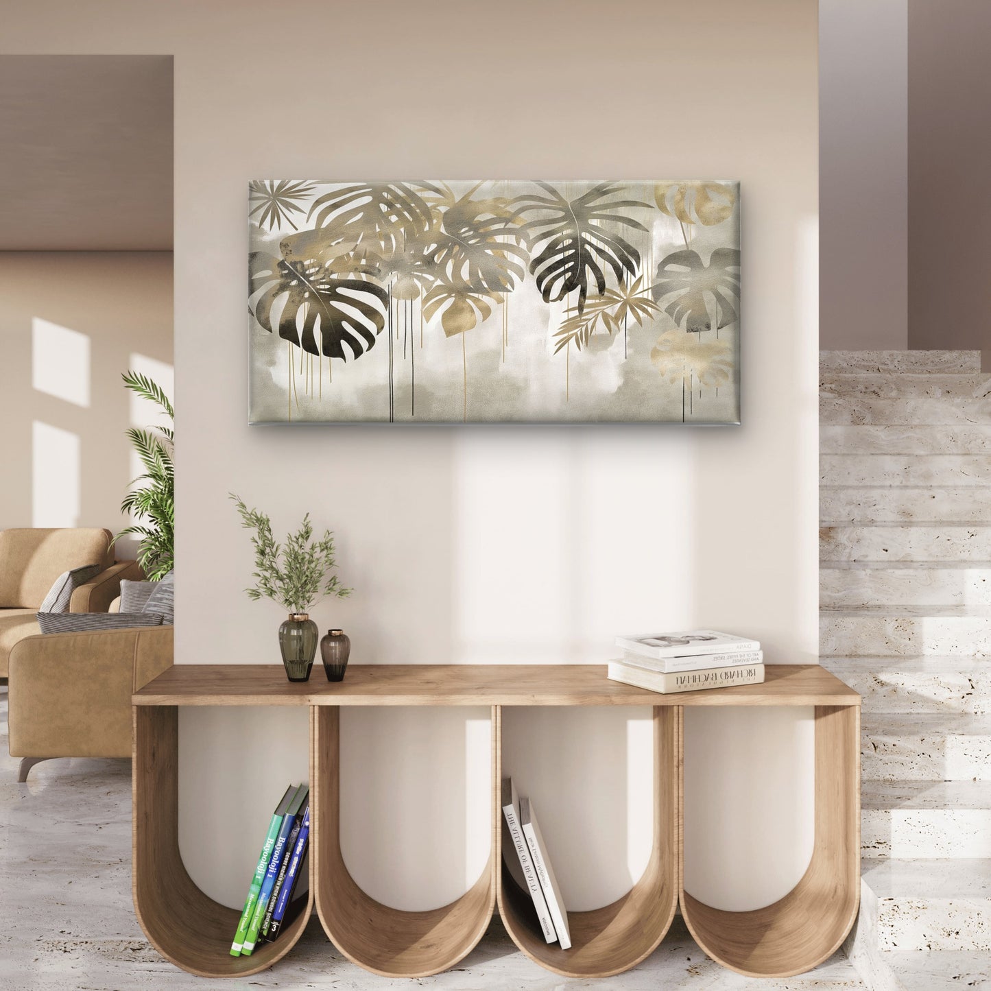 Abstract Beige Monstera Palm Leaf Wall Art Canvas Office Home Framed 120x60cm