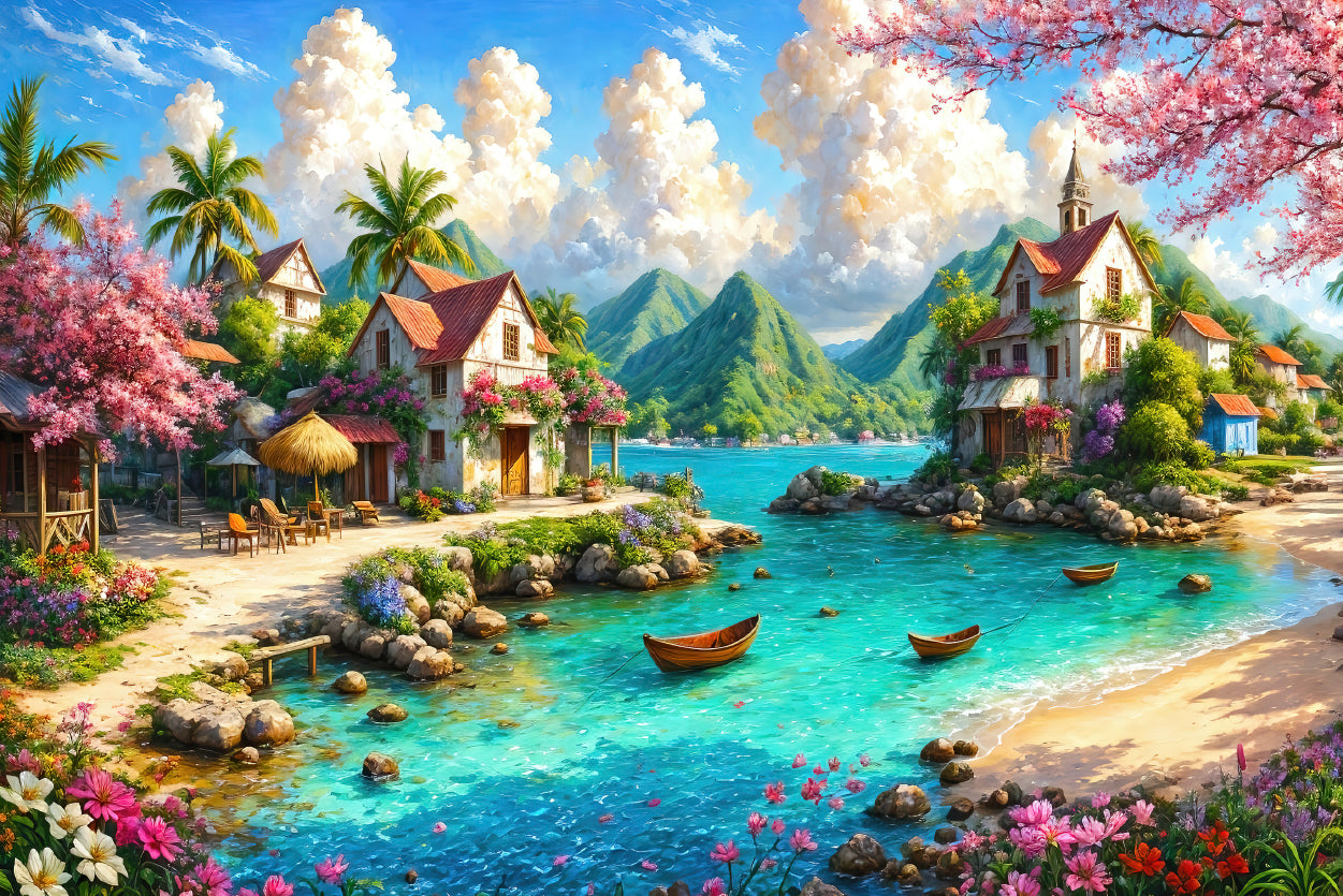 Beautiful Painting of a Lakeside Village with Mountains Home Decor Premium Quality Poster Print Choose Your Sizes - Bella Home Decor