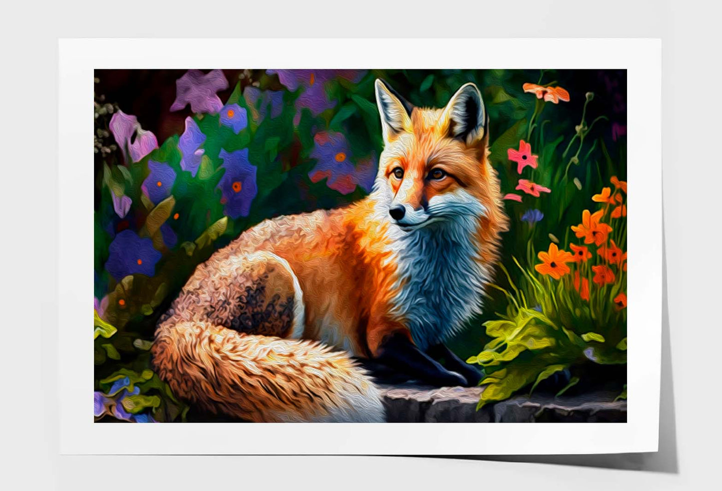 Fantastic Fox in Garden with Colorful Flowers Wall Art Limited Edition High Quality Print Unframed Roll Canvas None