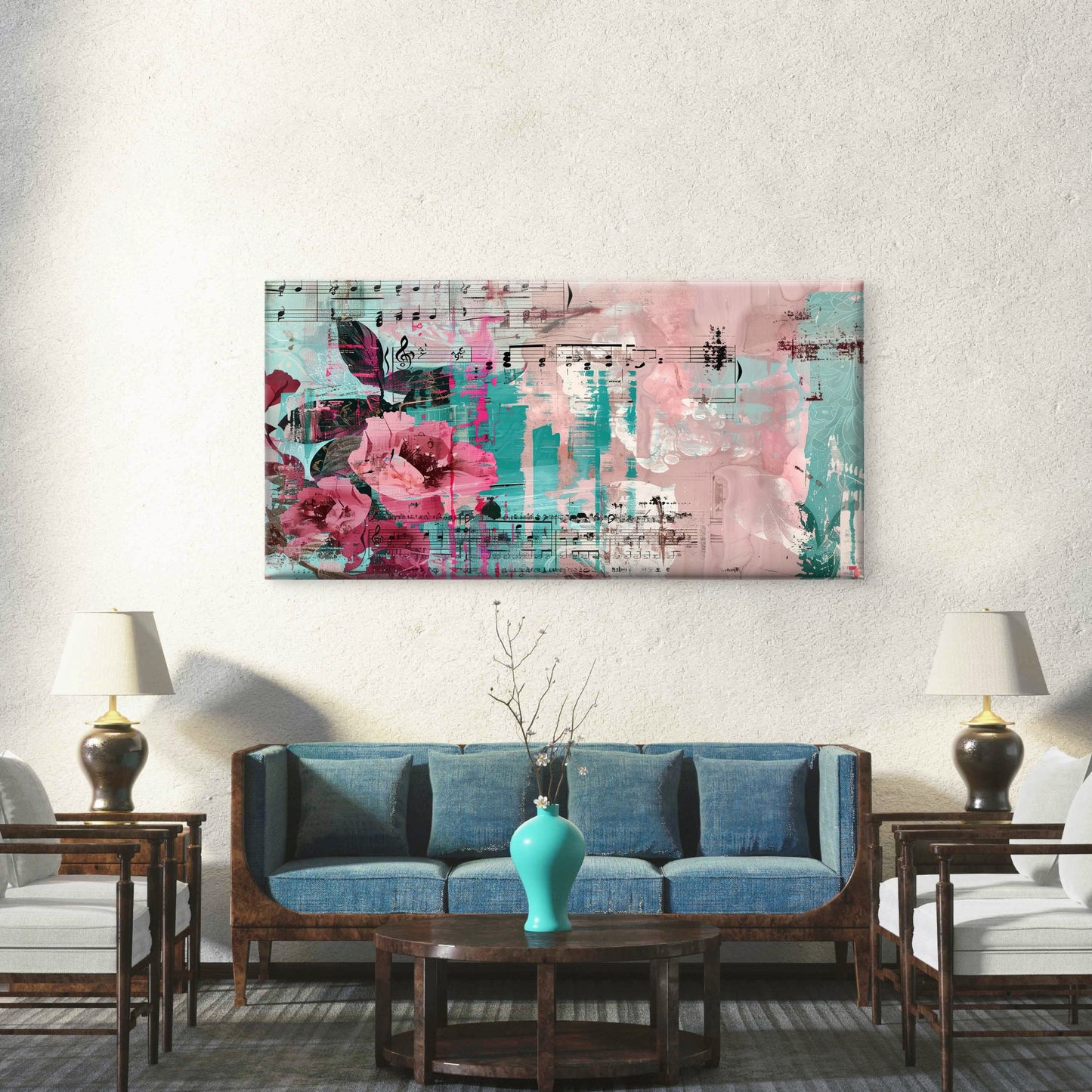 Pink Teal Sheet Music Floral Wall Art Canvas Office Home Room Framed 120x60cm