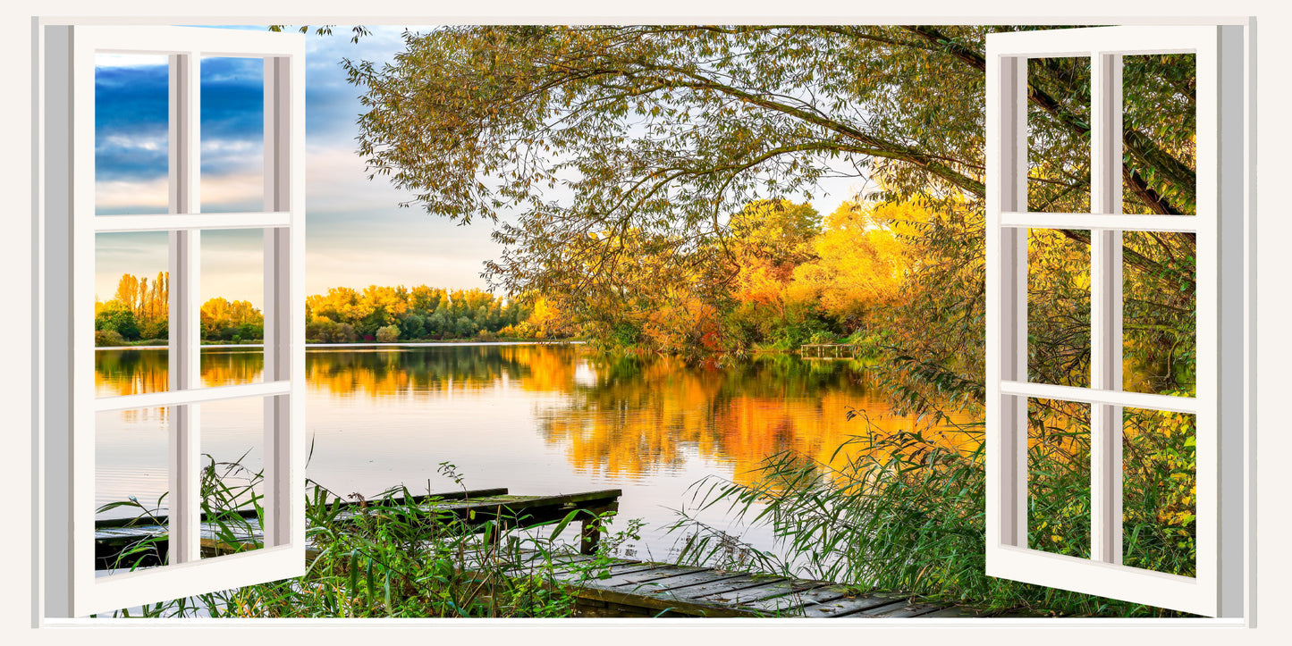 Autumn Gold Lake Reflection Wall Art Canvas Office Home Room Framed 120x60cm - Bella Home Decor