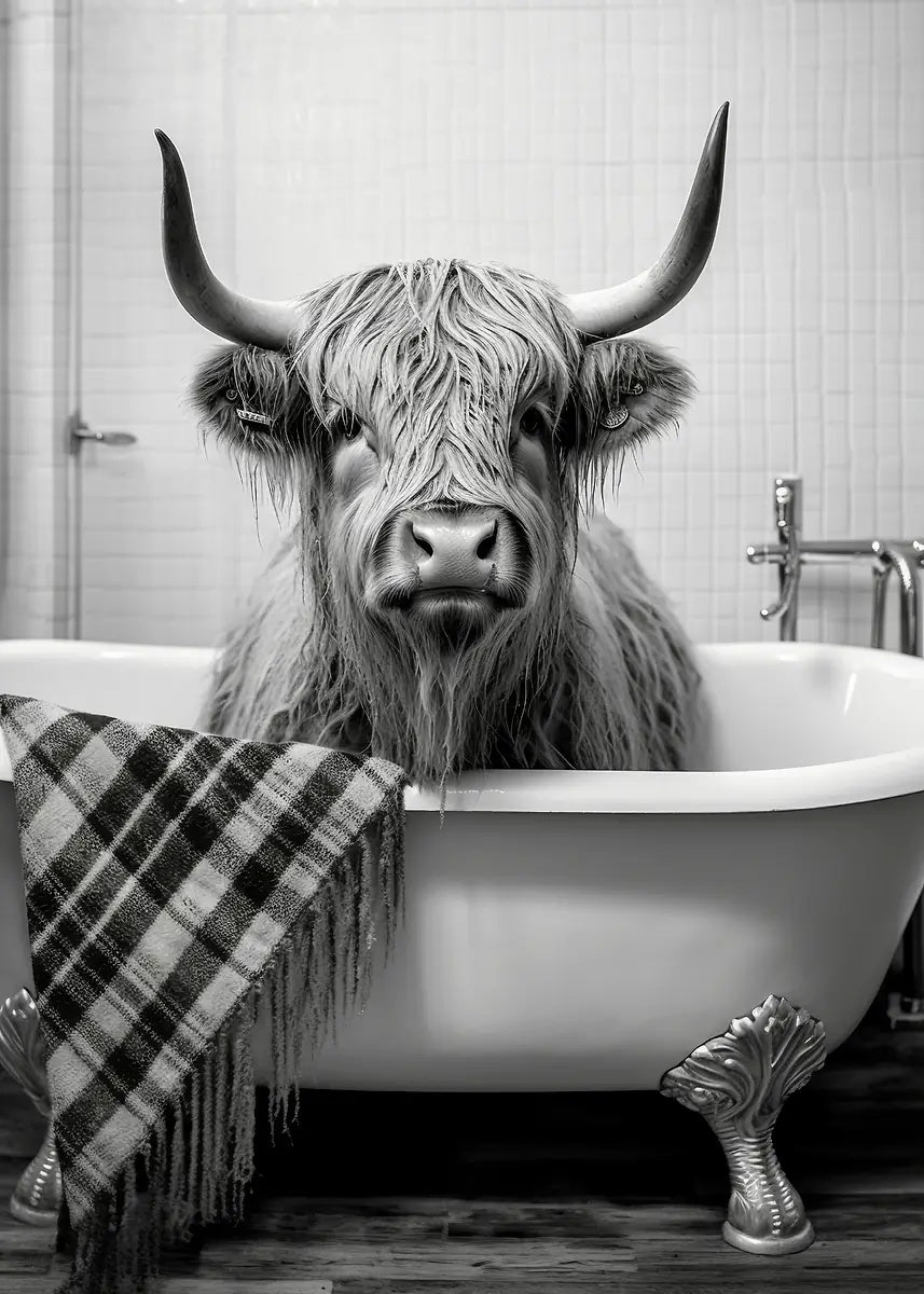 Highland Cow In Bathtub 60x90cm Metal Print Ready to Hang