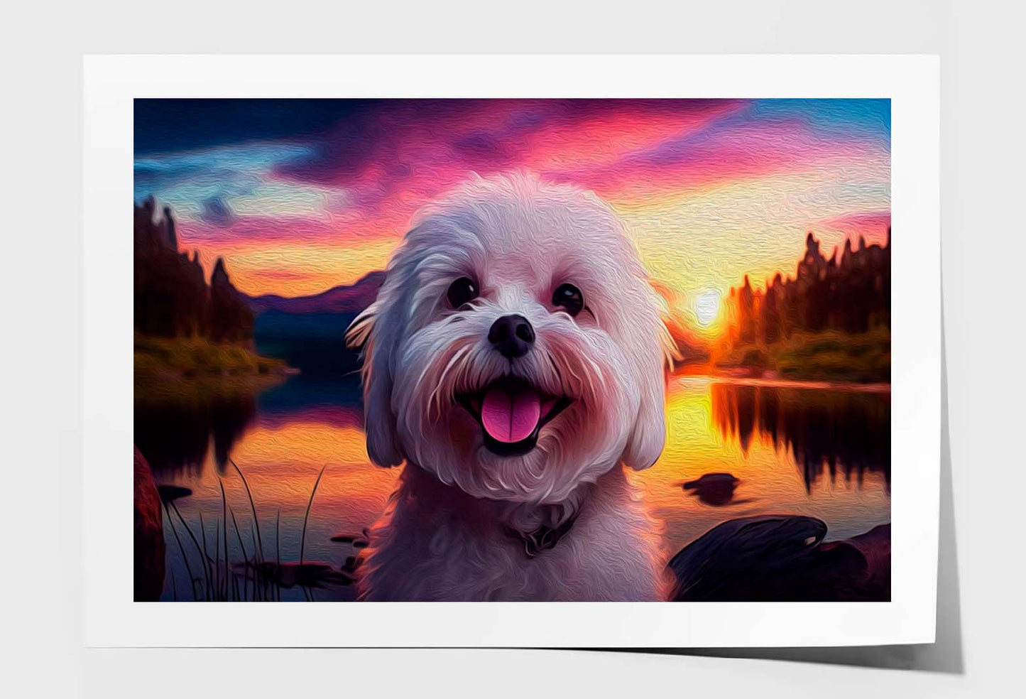 Cute Puppy Smiling, On Sunset, With A Beautiful Lake Wall Art Limited Edition High Quality Print Unframed Roll Canvas None