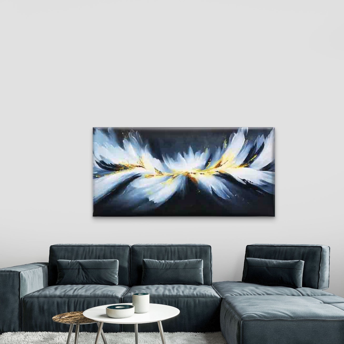 Golden And Blue Abstract Feathe Wall Art Canvas Office Home Room Framed 120x60cm - Bella Home Decor