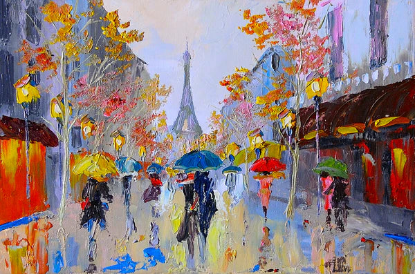 Eiffel Tower Street People Walking with Umbrellas Painting 90x60cm Print 100% Australian Made - Bella Home Decor