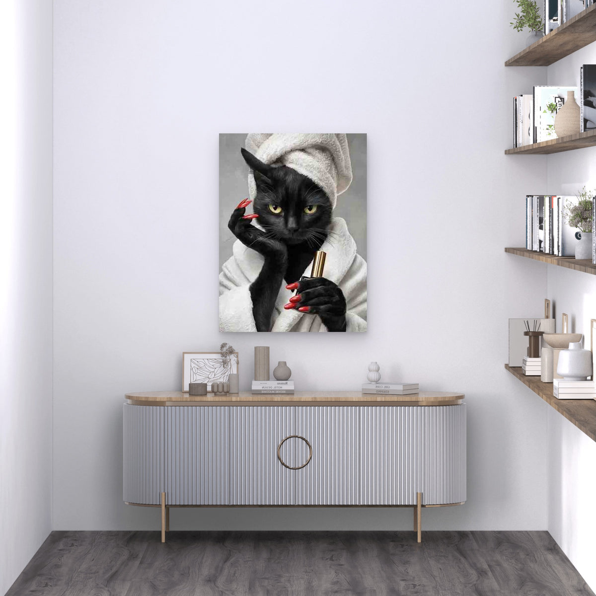 Funny Black Cat Close Up Glam Bathroom Metal Print Ready to Hang