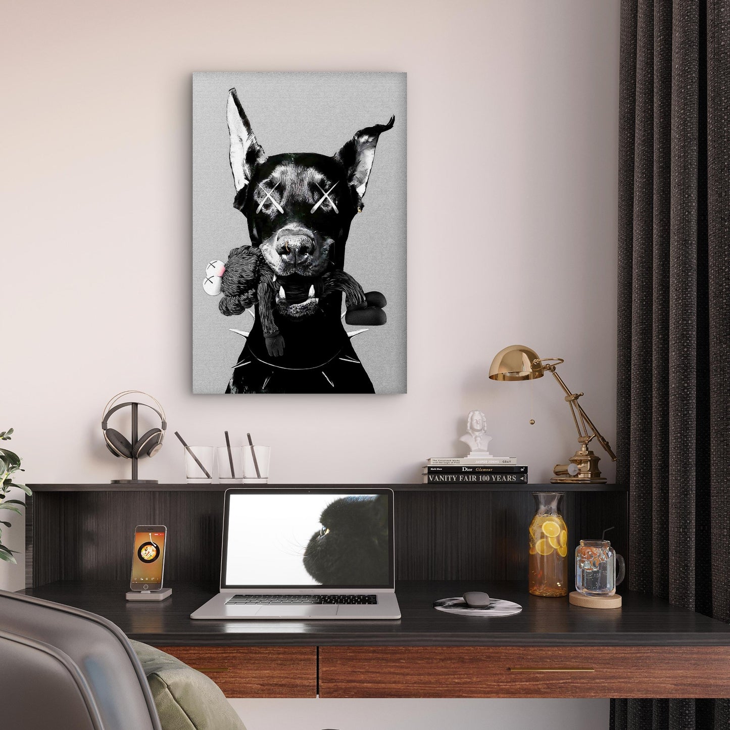 Doberman Spiked Collar Cross Eyes Pop Art 40x60cm Metal Print Ready to Hang