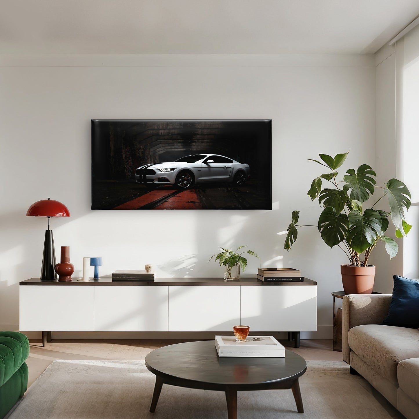 Sports White Ford Mustang Muscle Car Wall Art Canvas Office Home Framed 120x60cm